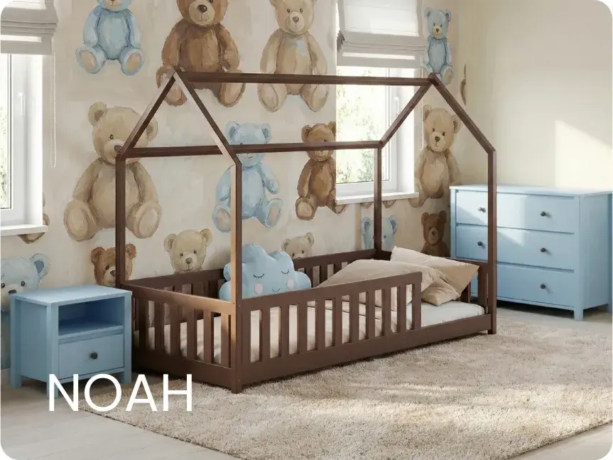 Łóżko dziecięce ciemno-czekoladowe podłogowe dziecięce w kształcie domku